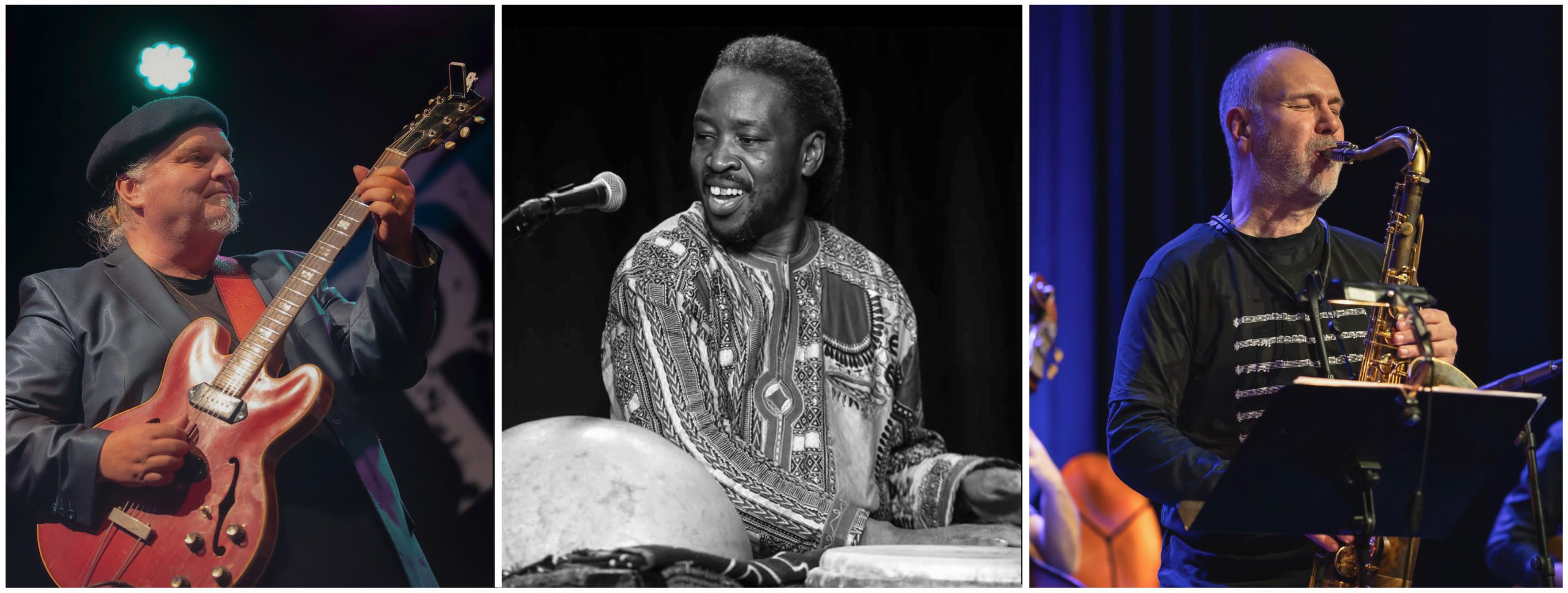 Ogna Gje Jazz Mann med gitar, mann med perkusjon, mann med saksofon. Reiersrud, Camara, Hofseth.